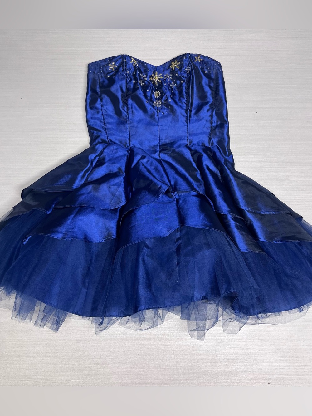 Masquerade Vintage 90’s Royal Blue Beaded Mini Tulle Formal Cocktail Dress